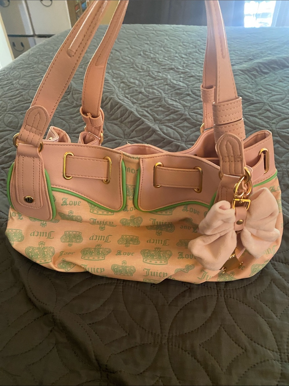 Juicy Couture Pink and Green Logo Shoulder Bag with Bow Charm